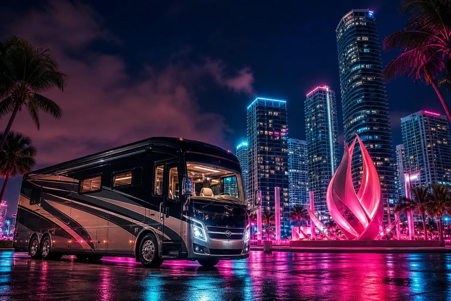 RV on a Brickell street with the Biscayne Bay high rise towers behind it