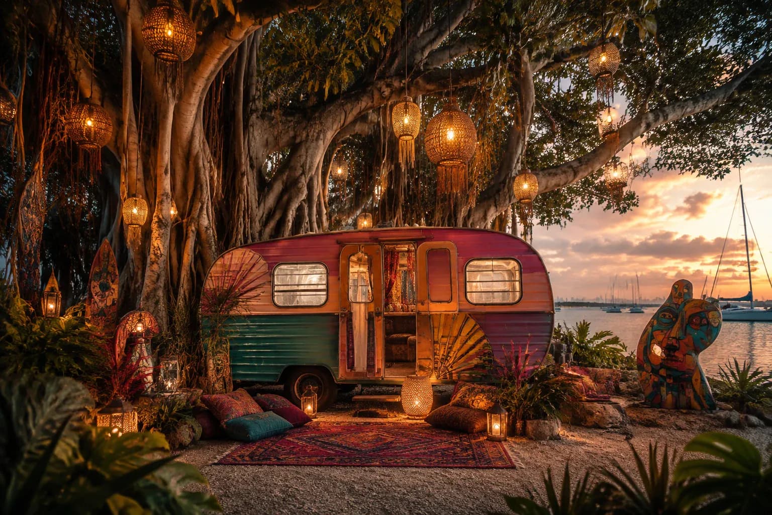 Colorful RV under the banyan canopy near the Coconut Grove marina
