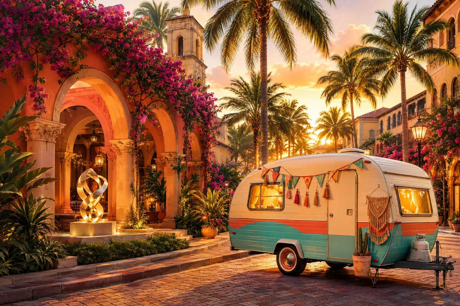 RV parked on a shaded Coral Gables street lined with banyans and Mediterranean facades