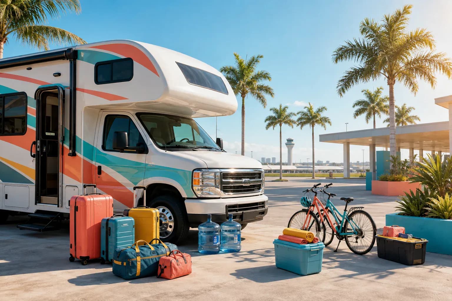 Class C motorhome loaded with luggage, water jugs, and bikes near the Miami International Airport control tower in Doral