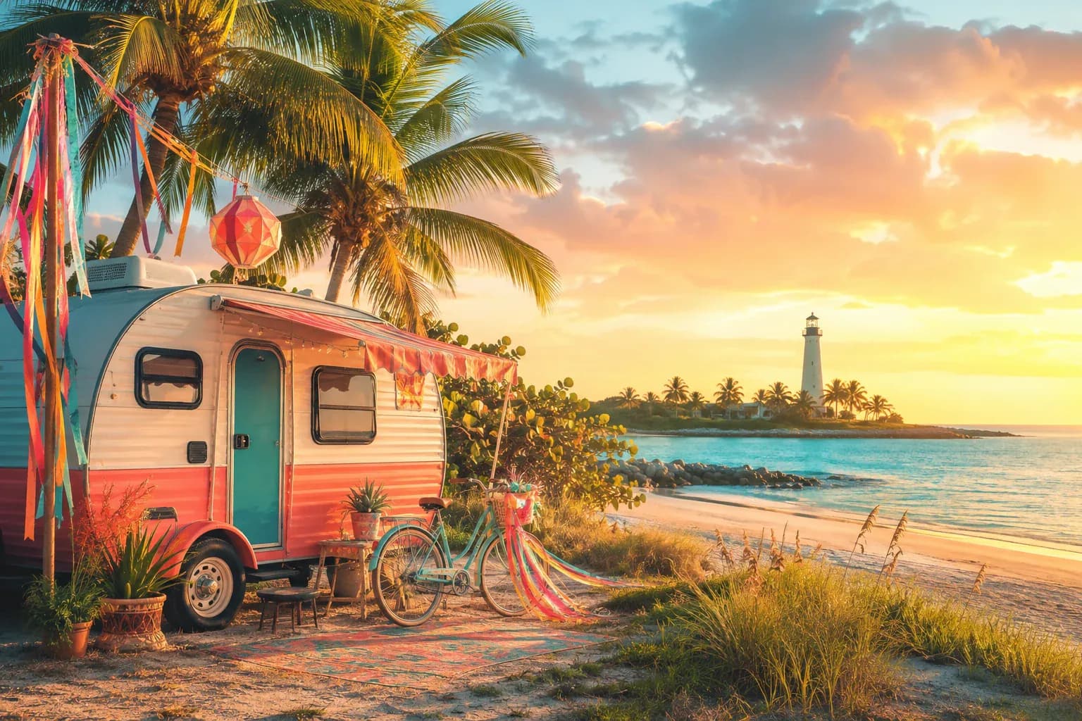 Decorated motorhome beside the Key Biscayne shoreline with palms and the Atlantic behind it