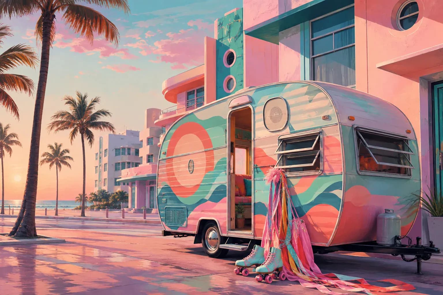 Decorated RV near the South Beach oceanfront with Art Deco hotels facing the Atlantic