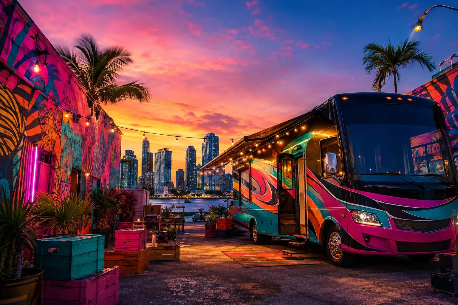 Painted RV staged in Miami with the downtown skyline across Biscayne Bay