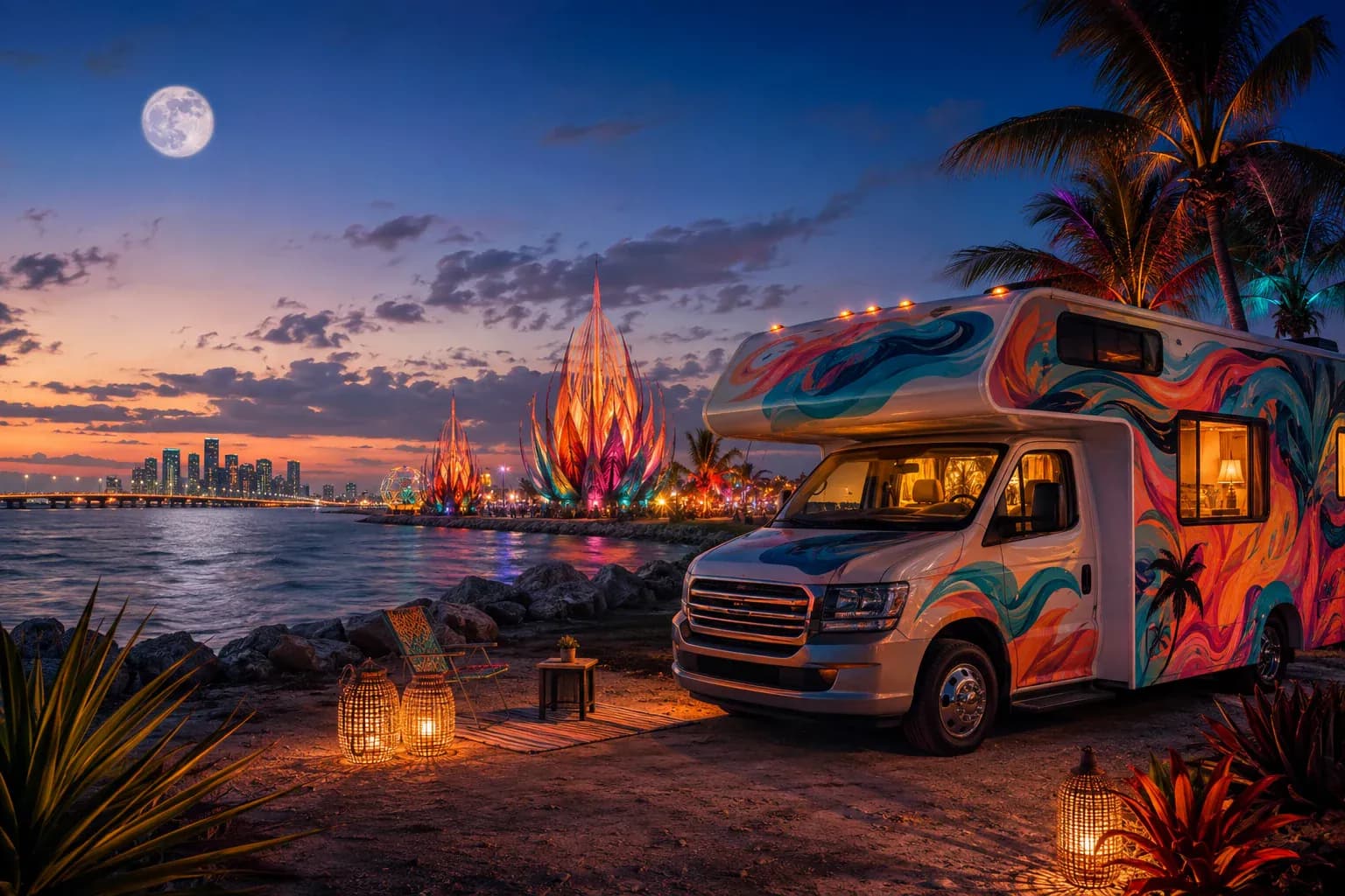 Art painted Class C motorhome parked on Virginia Key at dusk, lit art installations and the Miami skyline across Biscayne Bay