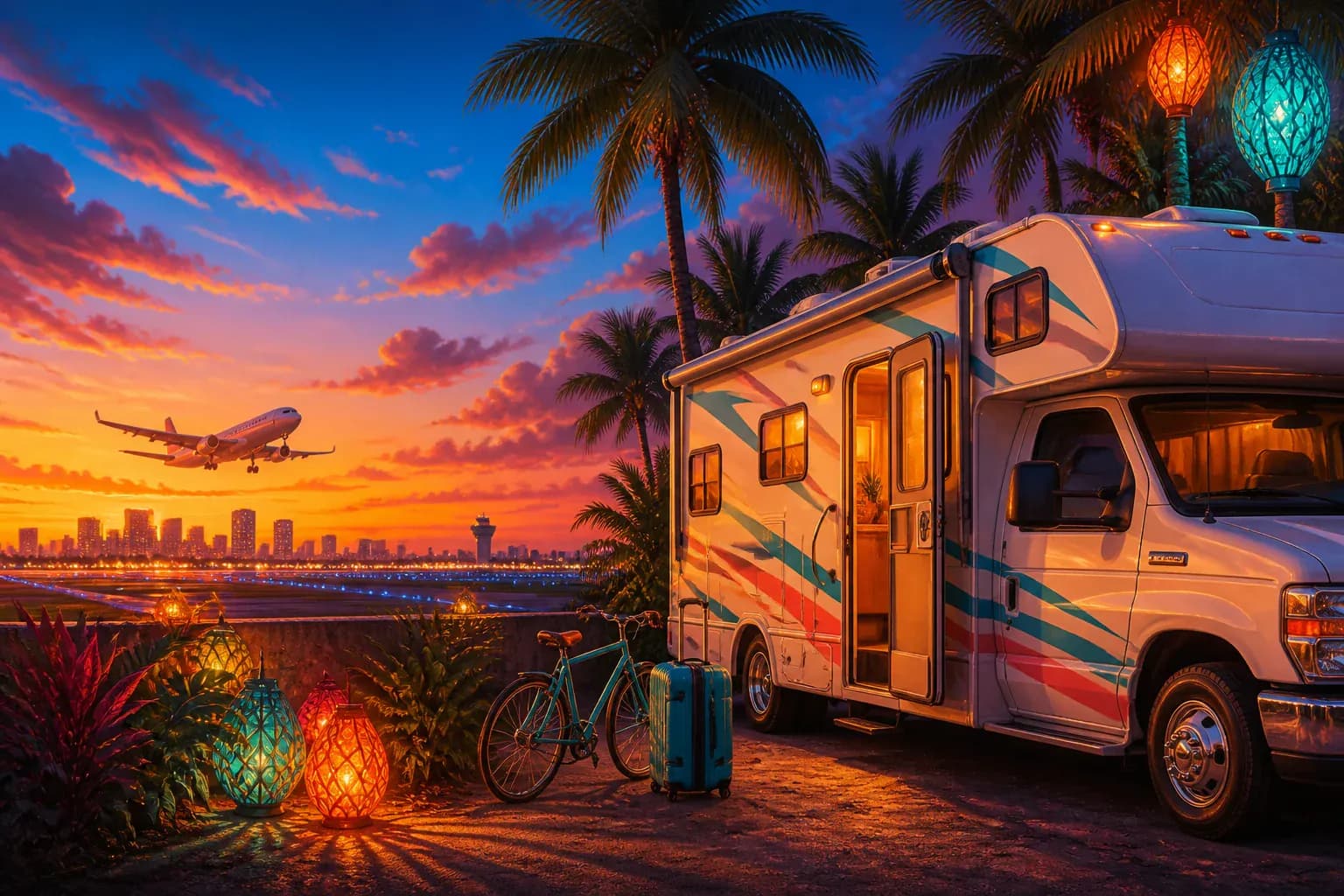A decorated vintage travel trailer at dusk with string lights, palm trees, and the Miami skyline across the water