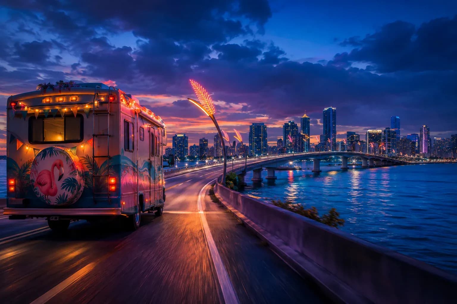RV set up for Gate and Rickenbacker Causeway near Virginia Key, Miami, with the Love Burn pass and dry camping in mind