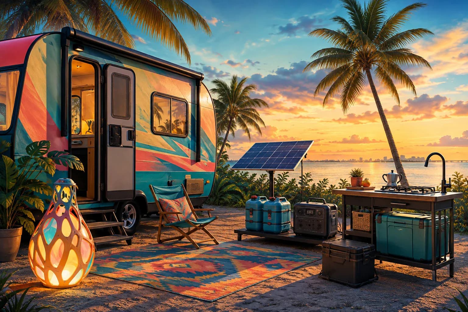 A decorated vintage travel trailer at dusk with string lights, palm trees, and the Miami skyline across the water
