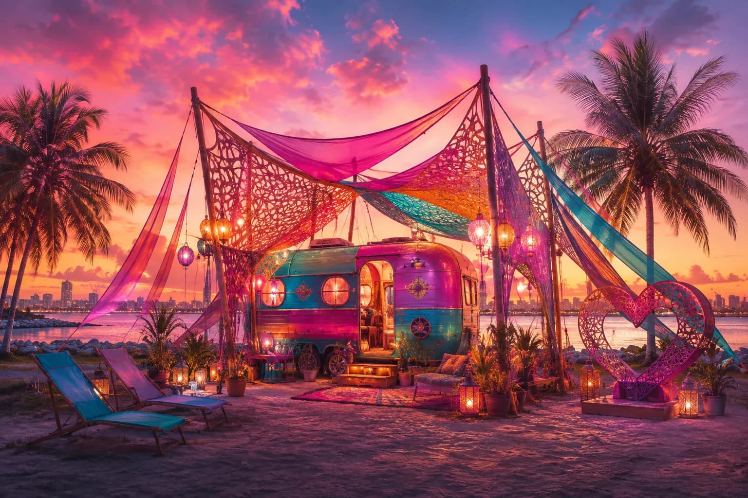 A decorated vintage travel trailer at dusk with string lights, palm trees, and the Miami skyline across the water