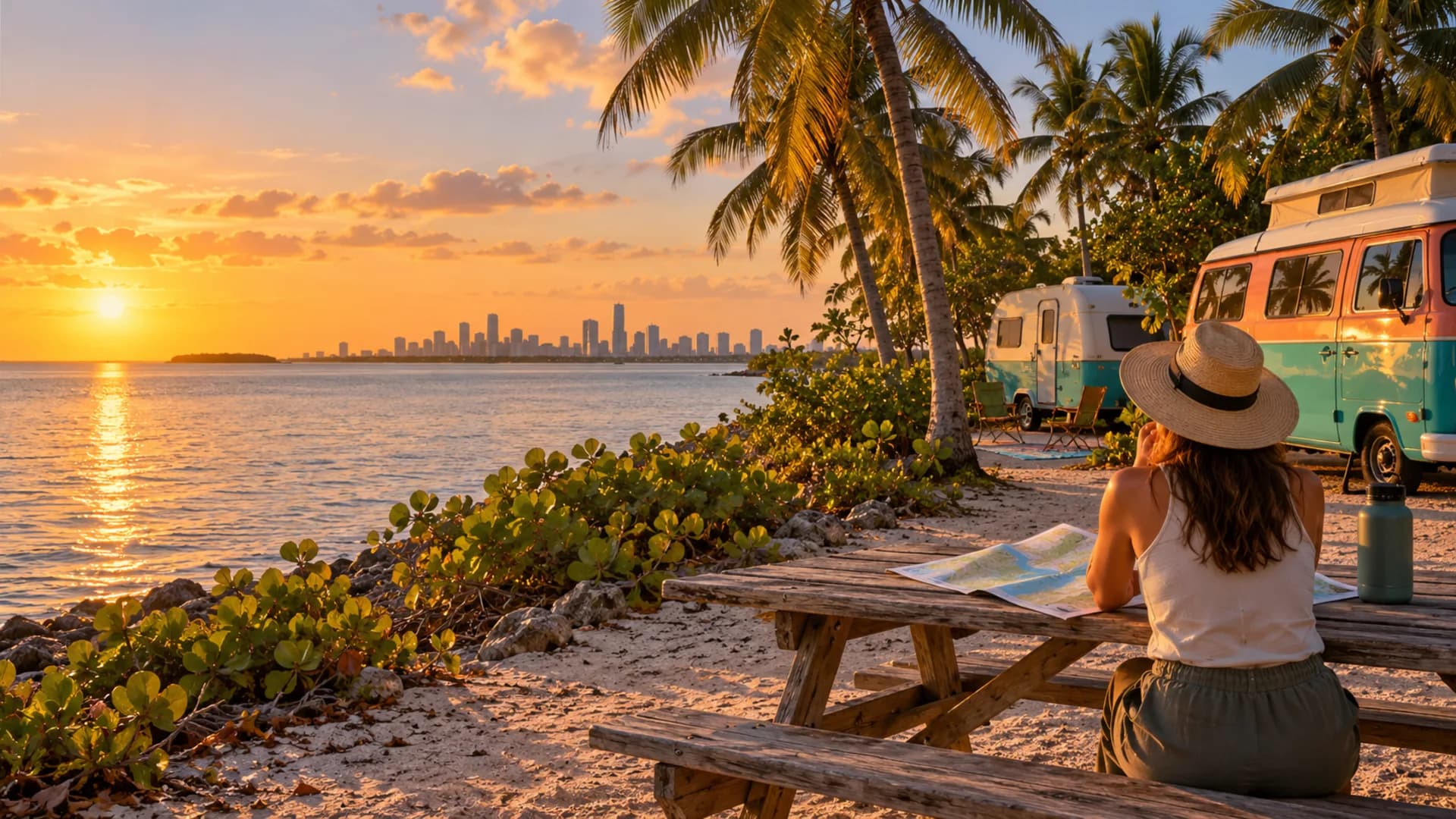 A renter in a sun hat studying a map at a bayside picnic table, with painted RVs, palms, and Miami across the water
