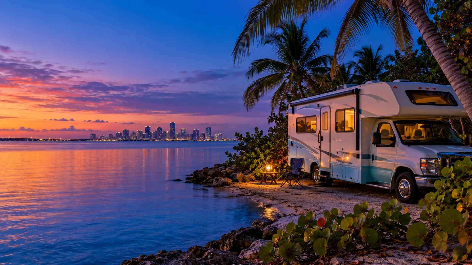A Class C motorhome beside a quiet Virginia Key shoreline at blue hour, with a folding chair, lantern, palms, and Miami across the bay
