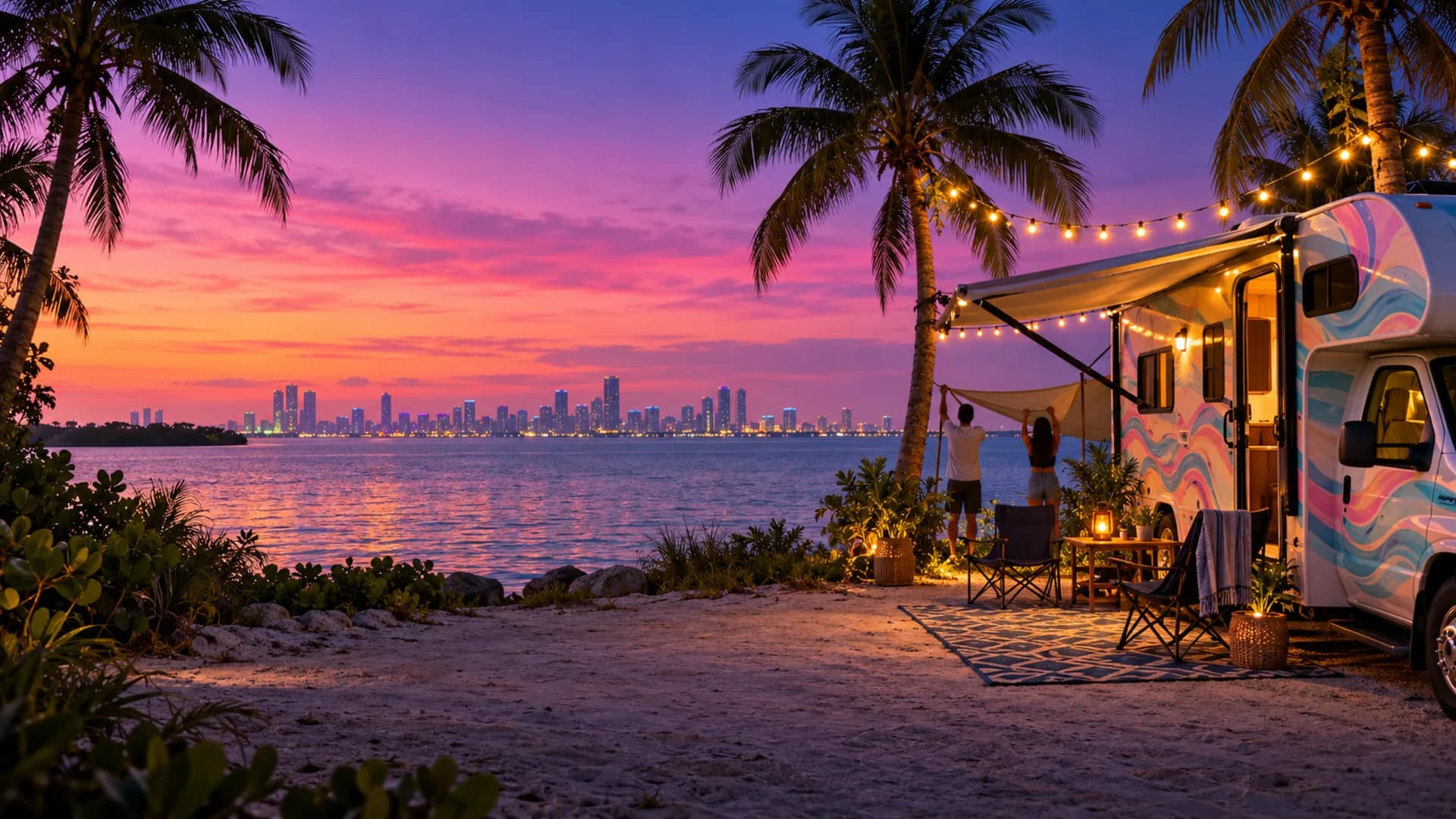 A pastel painted Class C RV camped beside Biscayne Bay at dusk, with string lights, chairs, and two people hanging shade cloth beneath coconut palms