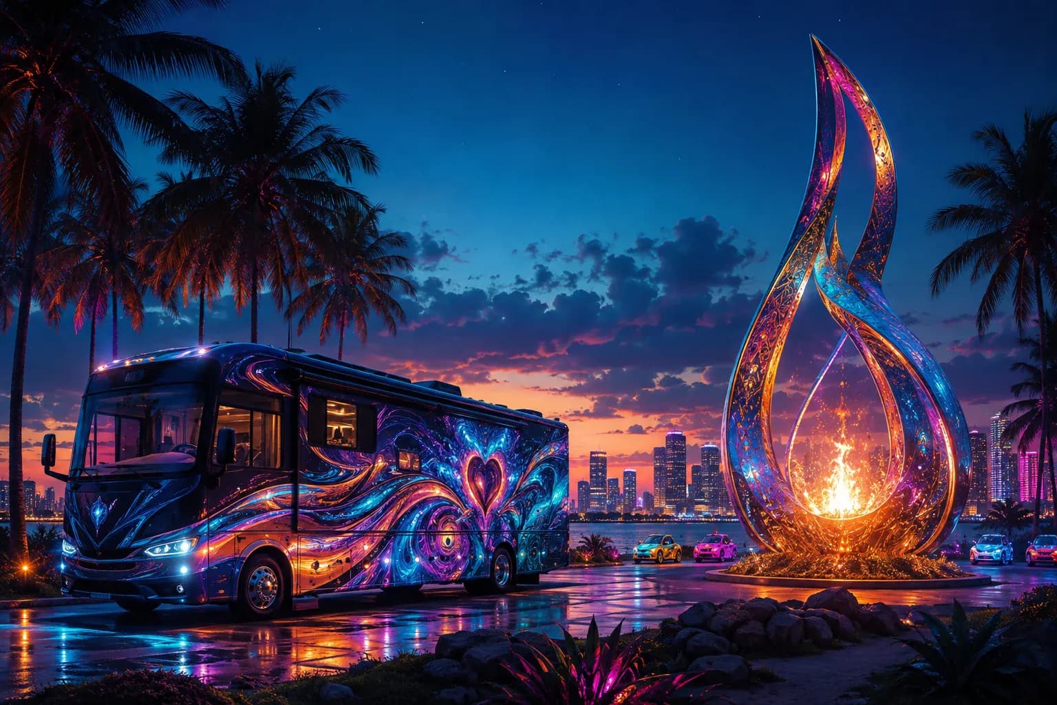 A decorated vintage travel trailer at dusk with string lights, palm trees, and the Miami skyline across the water