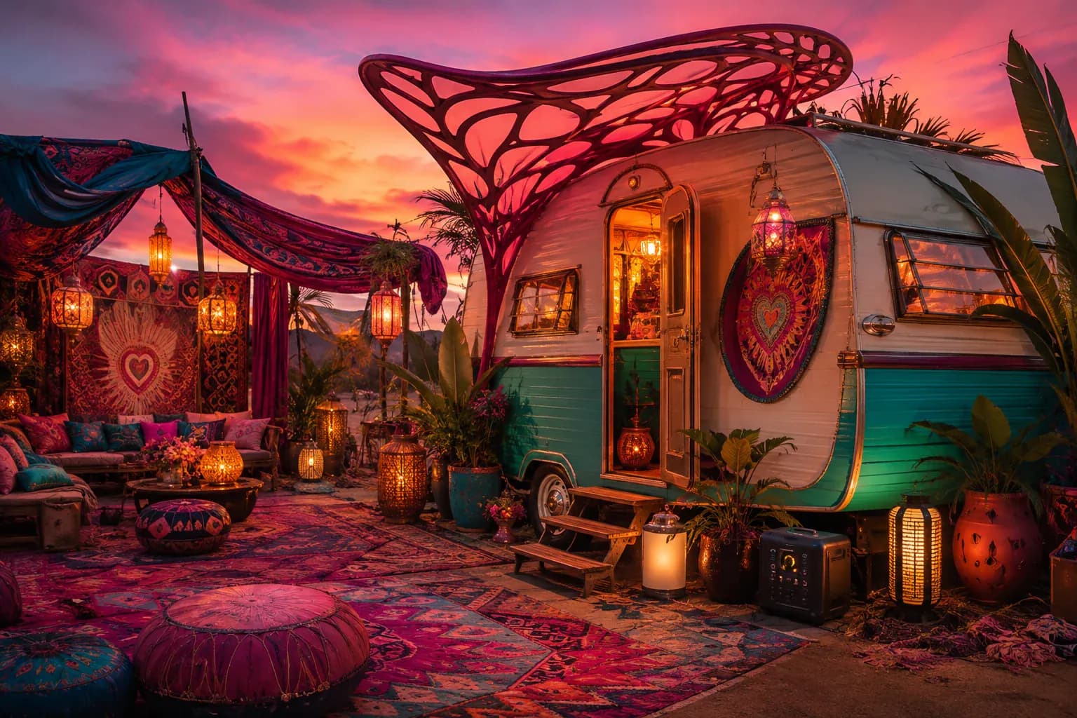 A decorated vintage travel trailer at dusk with string lights, palm trees, and the Miami skyline across the water