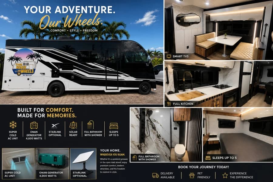 “YHOW” MEET AXIS, OUR LUXURY BLACK EDITION Class A RV rental in Miami Florida, exterior